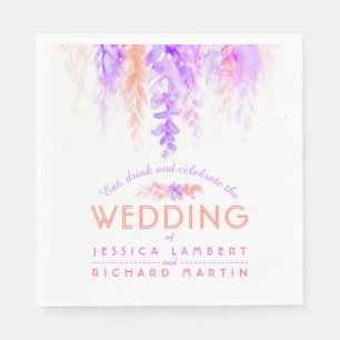 Watercolor cascading purple orange wedding napkins