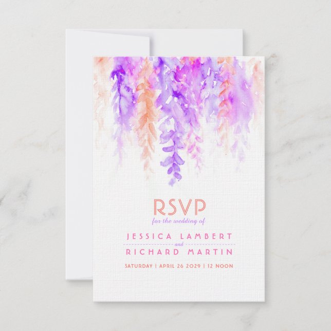 Watercolor cascading purple orange wedding RSVP Card (Front)