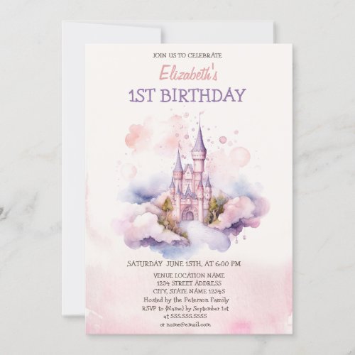 Watercolor Castle Clouds Fairytale Birthday  Invitation