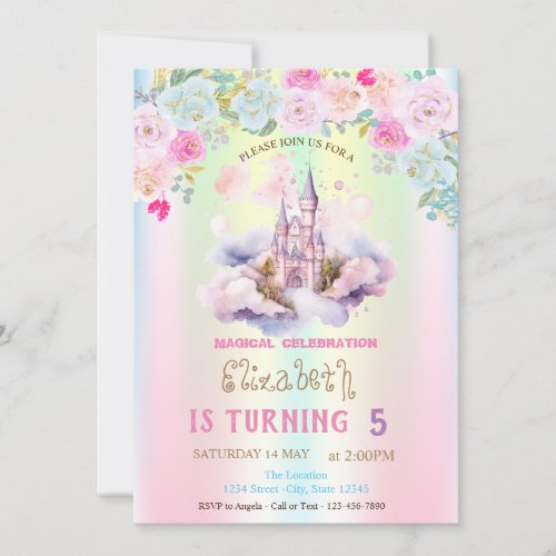 Watercolor Castle FIowers Iridescent  Birthday  Invitation