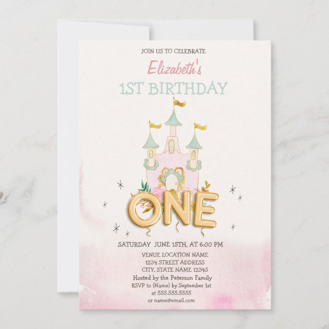 Watercolor Castle Flowers One 1st Birthday  Invitation (Front)