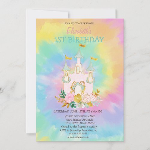 Watercolor Castle Flowers Tie Dye Birthday   Invitation