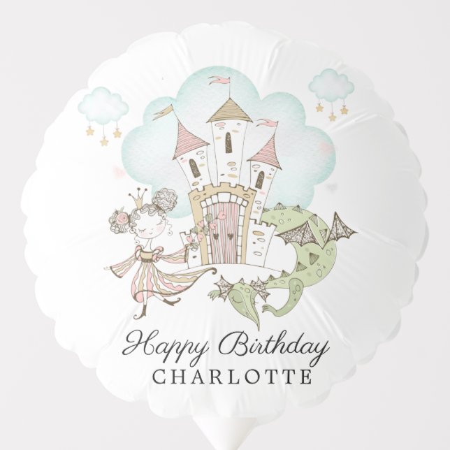 Watercolor Castle Princess Dragon Girl's Birthday  Balloon (Front)
