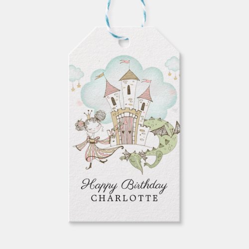 Watercolor Castle Princess Dragon Girls Birthday Gift Tags
