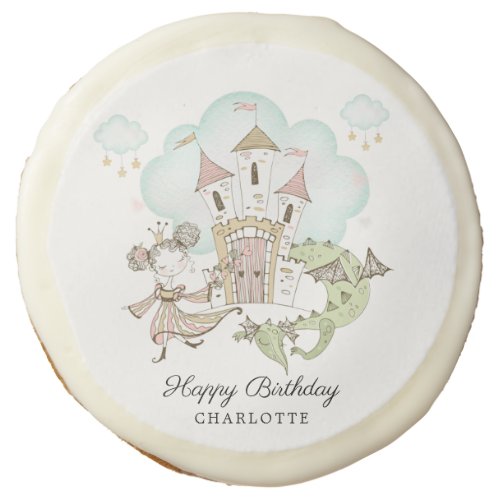 Watercolor Castle Princess Dragon Girls Birthday  Sugar Cookie
