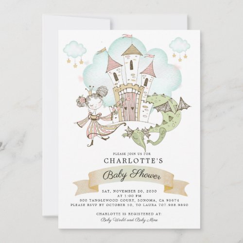 Watercolor Castle Princess Dragon  Invitation