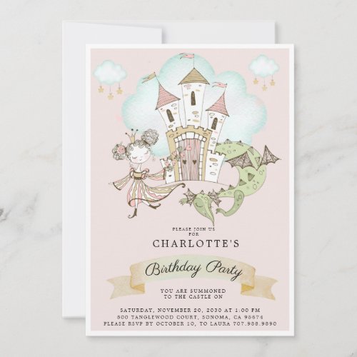 Watercolor Castle Princess Dragon Pink Birthday Invitation