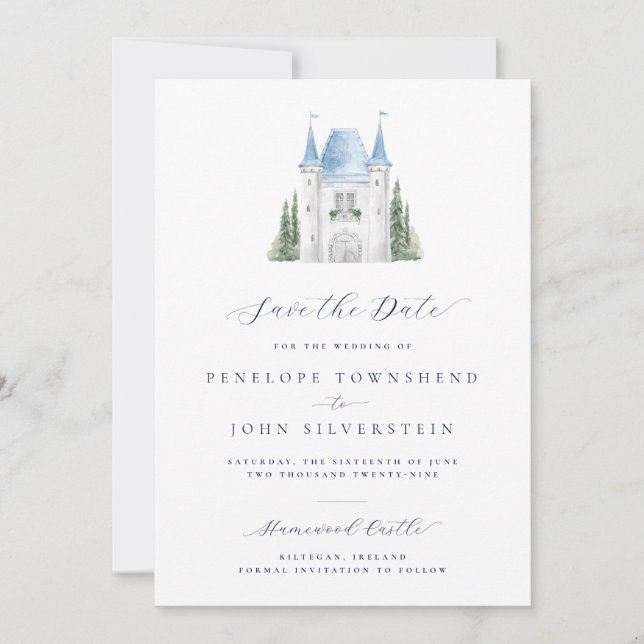 Watercolor Castle Script Wedding  Save The Date (Front)