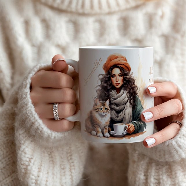 Watercolor Cat and Coffee Lady Personalized Name Mug (Creator Uploaded)