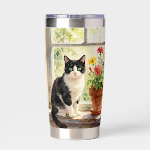 Watercolor Cat and Flower Themed Insulated Tumbler