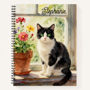 Watercolor Cat and Flowers on Window Sill   Notebook