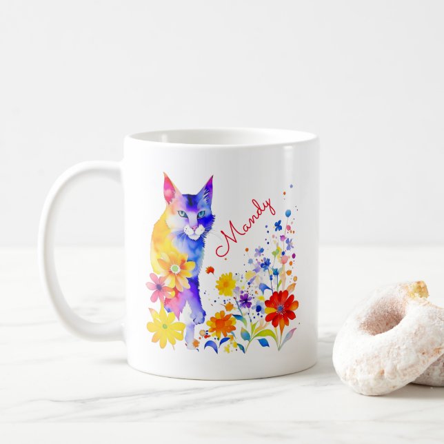 Watercolor Cat and Flowers Personalized Coffee Mug (With Donut)