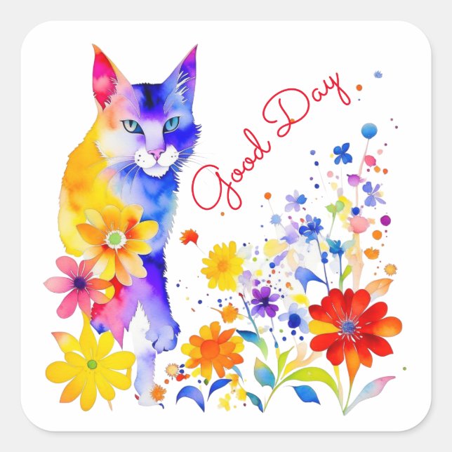 Watercolor Cat and Flowers Personalized Good Day Square Sticker (Front)