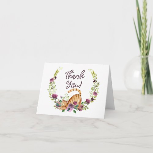 Watercolor Cat and Flowers Thank You Card