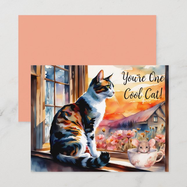 Watercolor Cat and Mouse Greeting Card (Front/Back)