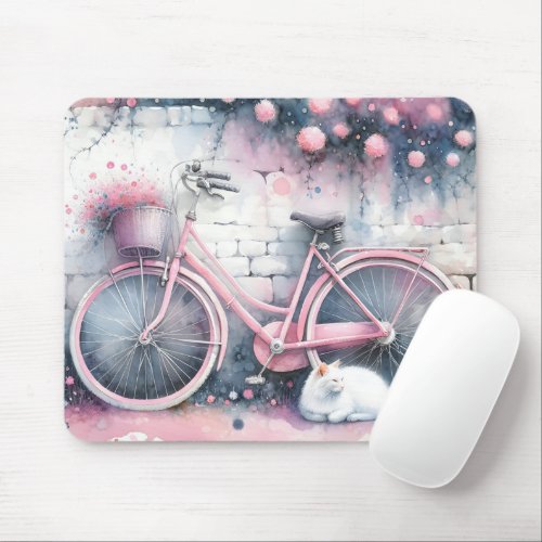 Watercolor Cat and Pink Bike Mouse Pad