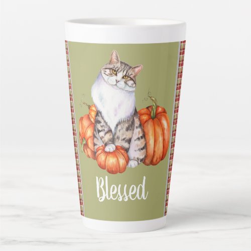 Watercolor Cat and Pumpkins Blessed Thanksgiving  Latte Mug