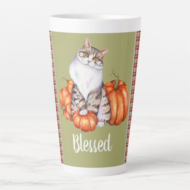 Watercolor Cat and Pumpkins Blessed Thanksgiving  Latte Mug (Front)