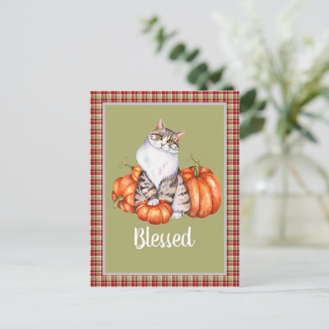 Watercolor Cat and Pumpkins Blessed Thanksgiving Postcard (Standing Front)