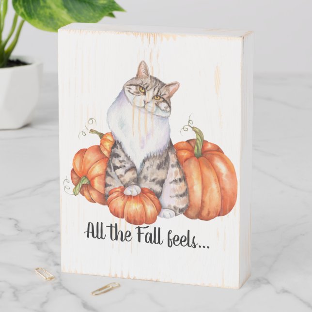 Watercolor Cat and Pumpkins Fall Feels   Wooden Box Sign (In Situ Vertical)