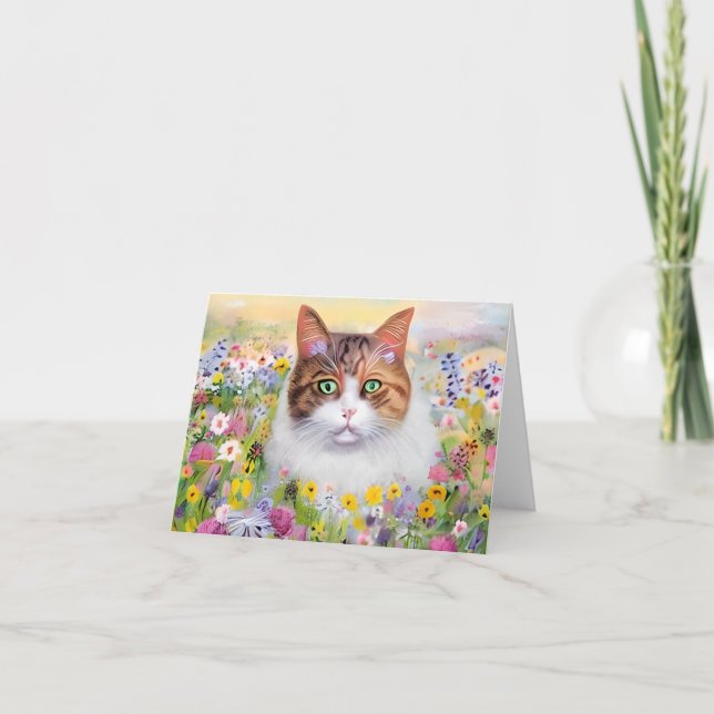 Watercolor cat and wildflowers customizable card (Front)