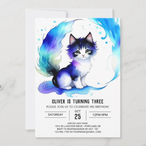 Watercolor Cat Bohemian Birthday Invitation