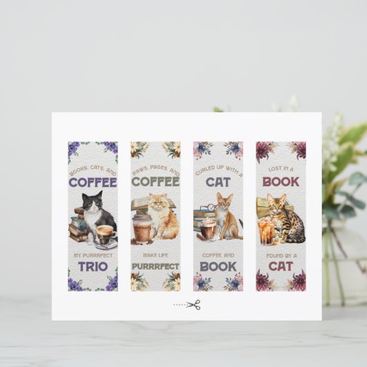 Watercolor Cat Books and Coffee Bookmark (Standing Front)