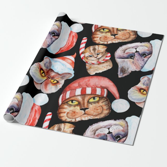 Watercolor Cat Christmas Pattern Wrapping Paper (Unrolled)