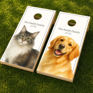 Watercolor Cat & Dog Custom Family Name Cornhole Set