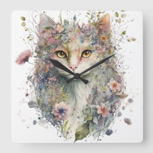 WATERCOLOR CAT FACE AND PRETTY FLOWERS SQUARE WALL CLOCK