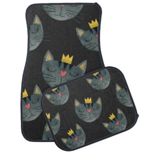 Watercolor cat faces, black seamless. car floor mat