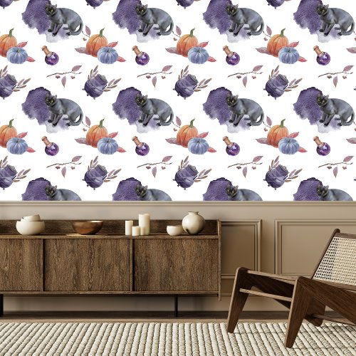 Watercolor Cat Flask and Pumpkins Spooky Design Wallpaper