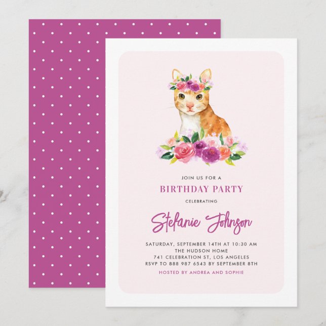 Watercolor Cat Floral Kids Birthday Invitation (Front/Back)