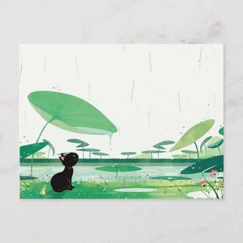 Watercolor Cat Frog In the Rain Announcement Postcard