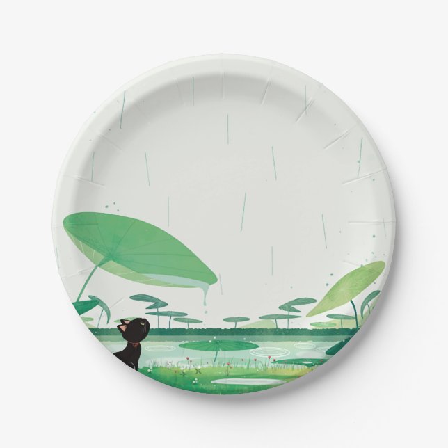 Watercolor Cat Frog In the Rain Paper Plates (Front)