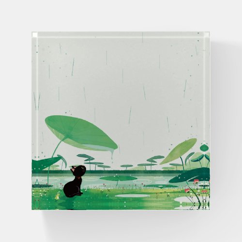 Watercolor Cat Frog In the Rain Paperweight
