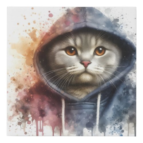 Watercolor Cat in Blue Hoodie Splash Art  Faux Canvas Print