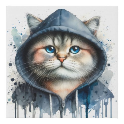 Watercolor Cat in Blue Hoodie Splash Art  Faux Canvas Print