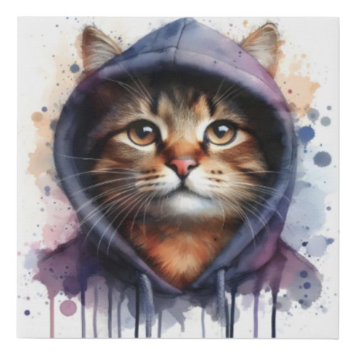 Watercolor Cat in Blue Purple Hoodie Splash Art  Faux Canvas Print