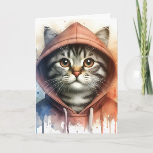 Watercolor Cat in Colorful Hoodie Splash Art Blank Card