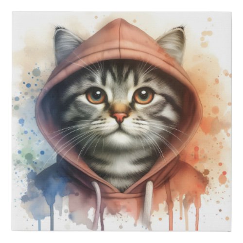 Watercolor Cat in Colorful Hoodie Splash Art  Faux Canvas Print