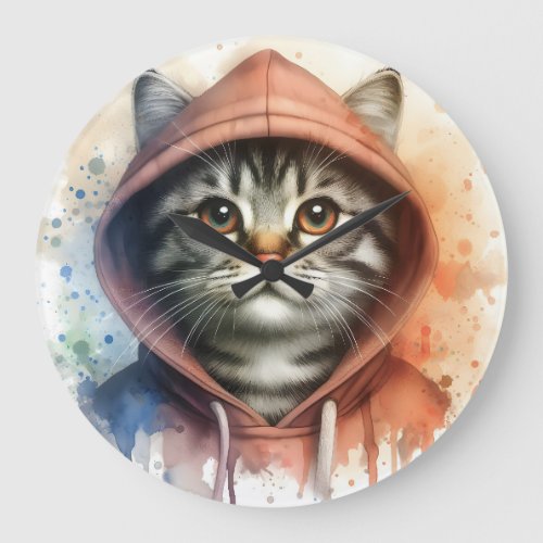 Watercolor Cat in Colorful Hoodie Splash Art  Large Clock