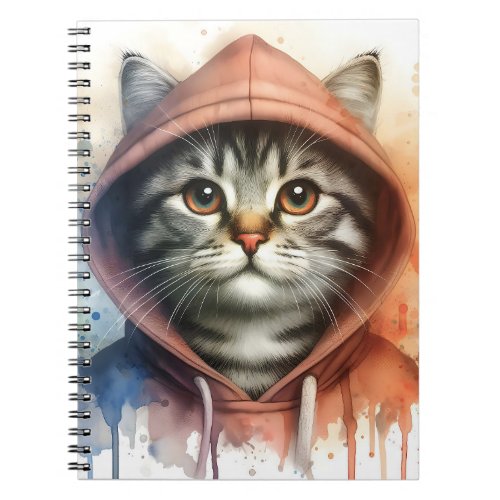 Watercolor Cat in Colorful Hoodie Splash Art  Notebook