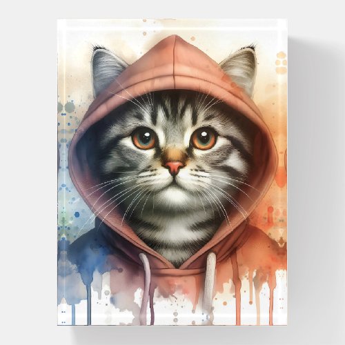 Watercolor Cat in Colorful Hoodie Splash Art  Paperweight