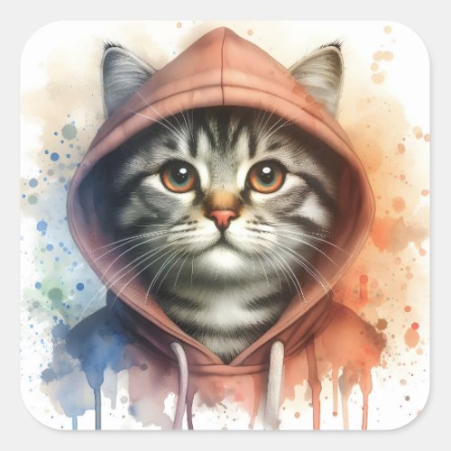 Watercolor Cat in Colorful Hoodie Splash Art  Square Sticker