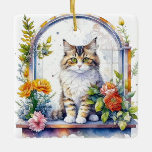 Watercolor Cat in Floral Window Personalized Ceramic Ornament