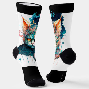 Watercolor cat in steampunk personalized socks