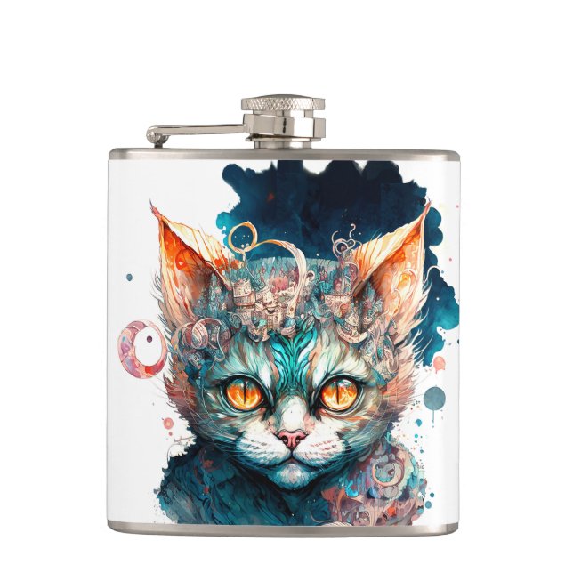 Watercolor cat in steampunk style flask (Front)