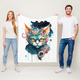 Watercolor cat in steampunk style fleece blanket