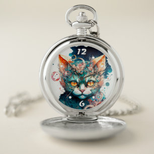 Watercolor cat in steampunk style pocket watch